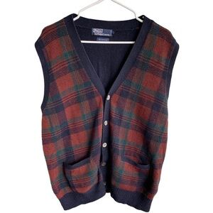 Vintage Polo Ralph Lauren Cashmere Sweater Vest Cardigan Sz 46 Red Blue Y2K Mens